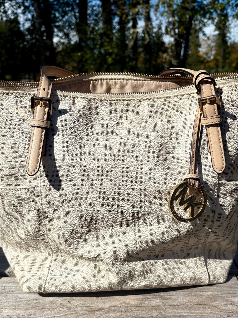 Michael Kors Beige Signature MK Logo Tote with Gold Charm